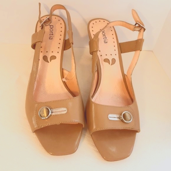 Portia Tan Patent Leather Sling Back Sandals Heels | 8 - Picture 1 of 12